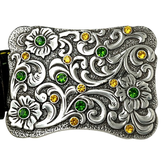 John Deere women's Black Embossed Leather Belt with Rhinestone Buckle sz XL NWOT - Picture 5 of 16